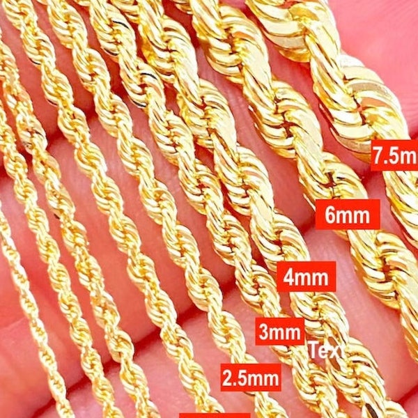 Catena di corda d'oro solida 14K, corda di collegamento solida pesante, catena d'oro forte di collegamento solido 14K, corda da 2 mm 3 mm 4 mm, catena d'oro da uomo, catena d'oro da donna