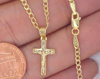 Solid 14K Gold Cross Necklace, Solid 14K Gold Cross Pendant with Cubic Zirconia and 2mm Solid 14K Gold Curb Chain, Baptism Gift,