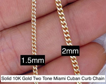 Solid 10K Gold Two-Tone Diamond Cut Pave Miami Cuban Curb Chain 1.5mm 2mm, Dainty Gold Chain, Real Gold Chain, 2mm Curb Chain