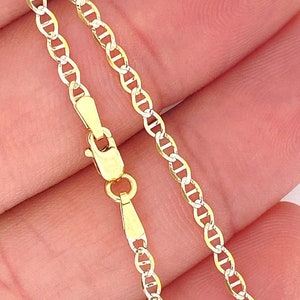 Solid 10K Gold Shiny Sparkle Diamond Cut Two Tone White Yellow Gold 2mm Mariner, Ladies 10kt Gold Chain, Real Gold Chain