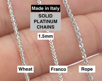 Solid Platinum Chain, Genuine Solid Platinum Chain, 1.5mm Diamond-Cut Platinum Rope Franco Wheat Chain, Italy Platinum