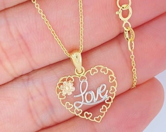 Genuine 14K Gold Love Heart Necklace, Ladies Gold Necklace, Solid 14K Gold Necklace, Real Gold Chain, 14K Heart Pendant