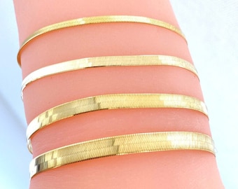 Solid 14K Gold Herringbone Bracelet 2.5mm 3mm 4mm 5mm, Solid 14K Gold Liquid Link Bracelet, Ladies Gold Bracelet Stack, 6.5in 7in 8in 9in