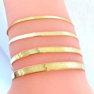 Solid 14K Gold Herringbone Bracelet 2.5mm 3mm 4mm 5mm, Solid 14K Gold Liquid Link Bracelet, Ladies Gold Bracelet Stack, 6.5in 7in 8in 9in