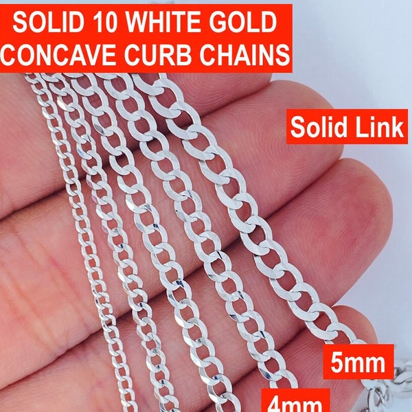 Solid 10K White Gold Concave Curb Chain, HEAVY 10K White Gold Concave Curb Cuban, Mens Ladies Durable 10K White Gold Concave Curb Chain