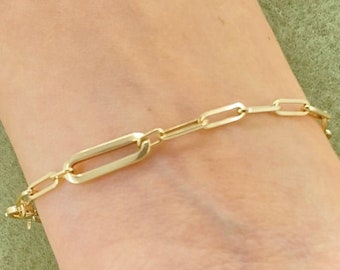 Solid 14K Gold Paperclip Elongated Link Bracelet 7inch, Ladies Gold Bracelet, 14k Solid Yellow Gold Elongated Paperclip Bracelet,