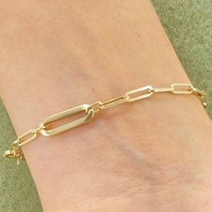 Solid 14K Gold Paperclip Elongated Link Bracelet 7inch, Ladies Gold Bracelet, 14k Solid Yellow Gold Elongated Paperclip Bracelet,