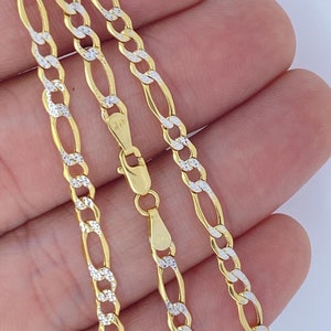 Solid 14K Gold Figaro Pave Chain Two-Tone White  and Yellow Gold, 14kt Gold Chain, Real Gold Chain, 3.5mm 4.5mm