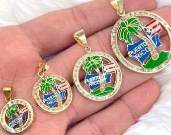 10K Solid Yellow Gold  Puerto Rico Gold Charm Pendant with Souvenir Beach Ocean Palm-tree in Enamel, Puerto Rico Gift, Puerto Rico Pendant