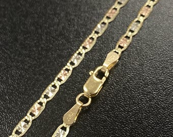 Bracciale a catena Valentino taglio diamante in oro tricolore massiccio 10K da 2,5 mm, collana in oro tricolore, catena in oro bianco rosa giallo 10K