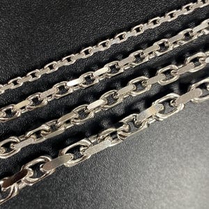 May include: Close-up of four silver-colored chain necklaces with different link styles. The chains are arranged diagonally against a dark background, showcasing the variations in design and texture. The chains are made of metal.