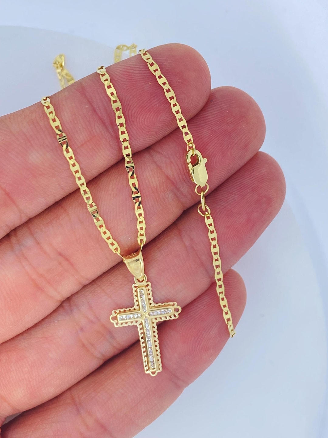 Solid 10K Gold Cross Necklace, Gold CZ Cross Pendant, Cross