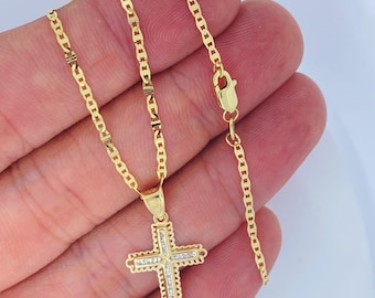 Collar de cruz de oro macizo de 10 quilates con colgante de cruz de oro con circonita cúbica. Collar de cruz para mujer con colgante y cadena de cruz de oro de 10 quilates.
