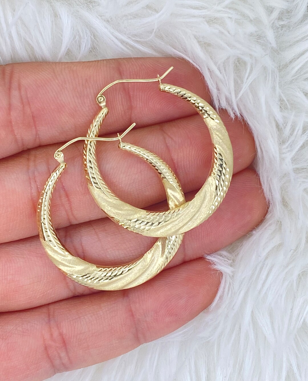 Genuine 10k Gold Hoop Earrings, Diamond Cut Sparkle Hoop Earrings, Real