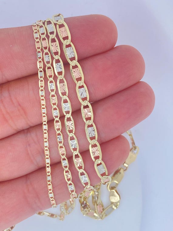 Solid 10K Tri-tone Gold Valentino Diamond Cut Chain Bracelet, Tri