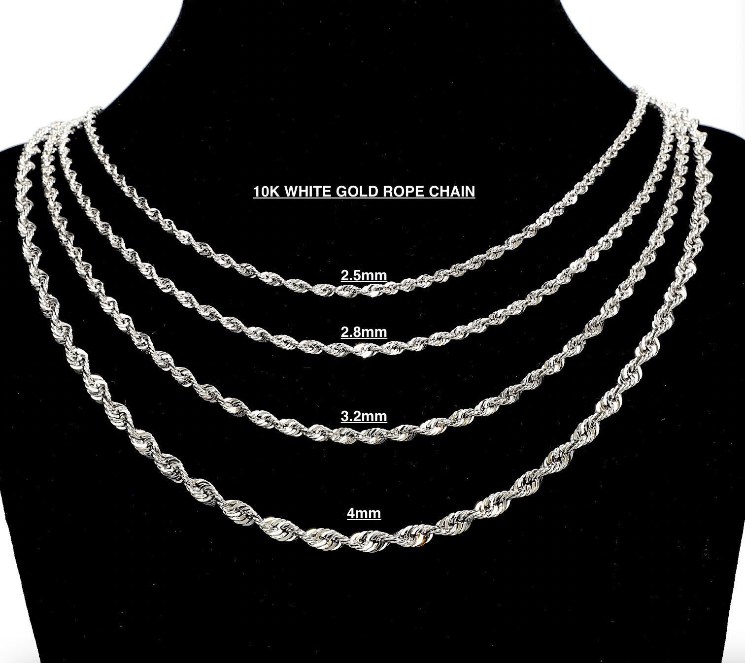 Solid 10K White Gold Rope Chain. 10K White Gold Rope Necklace, Diamond-cut,  Men, Woman. 2.5mm 3mm 4mm 16'' 24 '' 