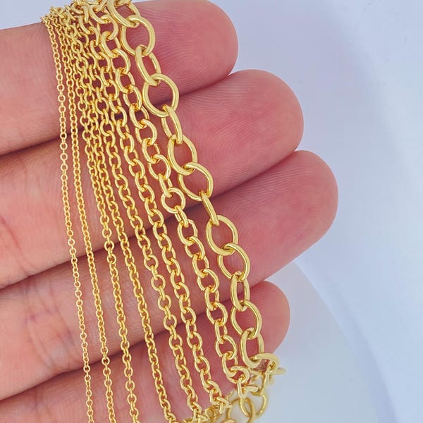 Kabelkedja i massivt 18K guld, oval kabelkedja i 18K guld, damer, 18K guld, ITALIEN, slät, oval kabelkedja, 1 mm, 1,25 mm, 1,5 mm, kabelkedja i 18K guld för hänge