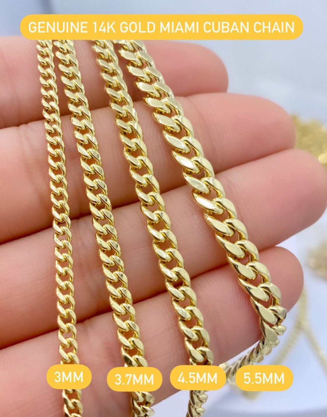 Genuine 14K Gold Miami Cuban Chains 3mm 3.75mm 4.5mm 5.5mm Etsy Canada