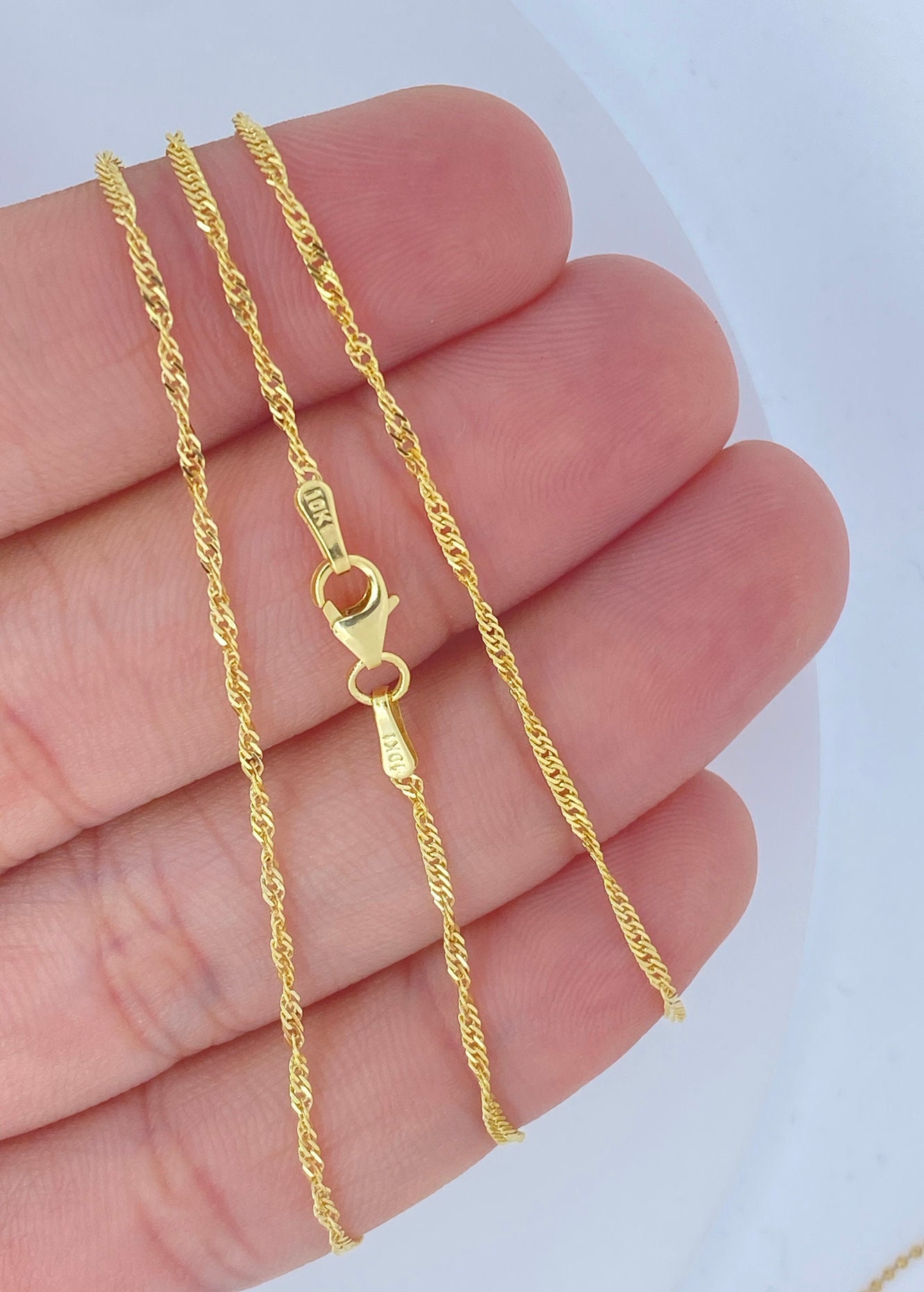 Solid 10K Gold Singapore Chain, Solid 10K Gold Twirl Diamond Solid 10K Gold Singapore Chain, Solid 10K Gold Twirl Diamond