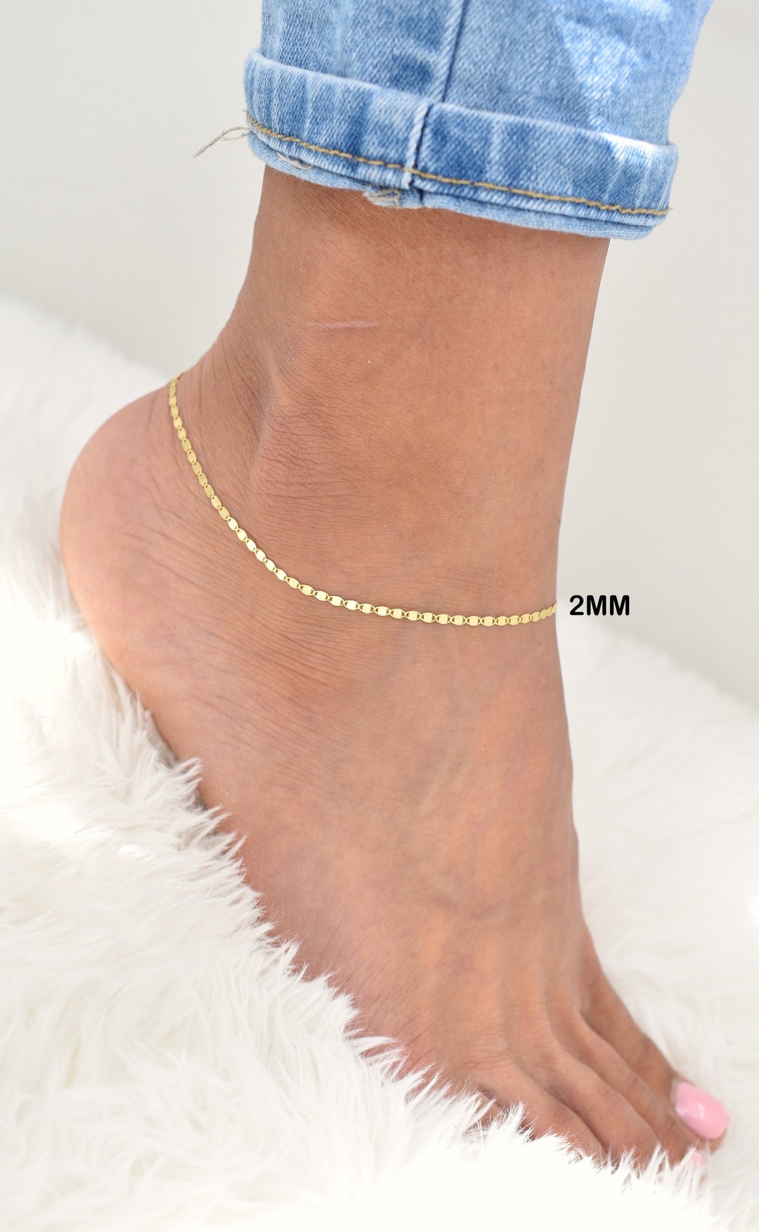 Solid 14K Gold Mirror Anklet, Ladies Gold Anklet, 14kt Gold