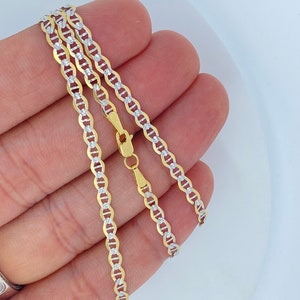 Solid 10K Gold Shiny Sparkle Dia Cut Two Tone White Yellow Gold Mariner Box Rope Chain Necklace 3mm