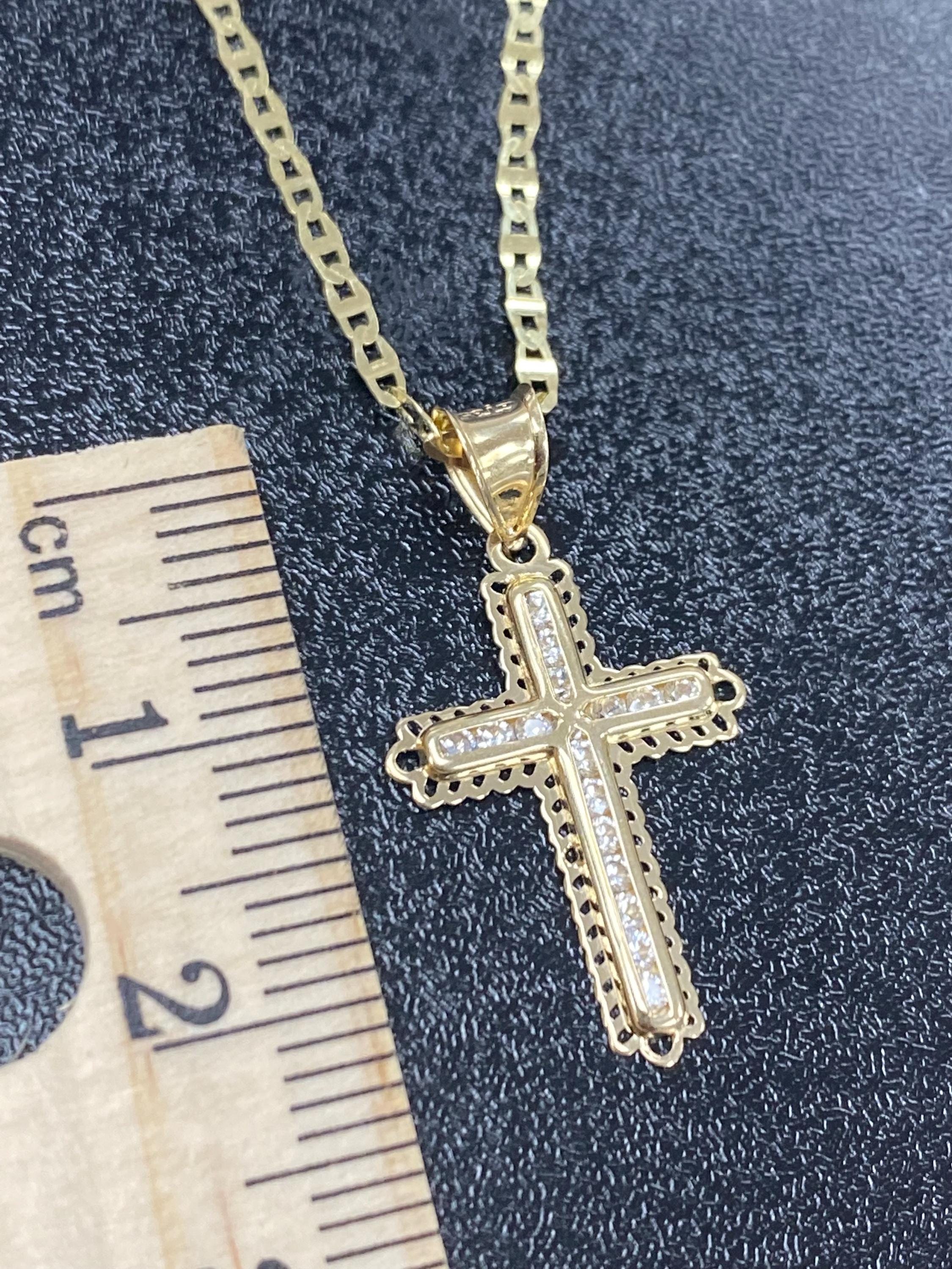 Solid 10K Gold Cross Necklace, Gold CZ Cross Pendant, Cross