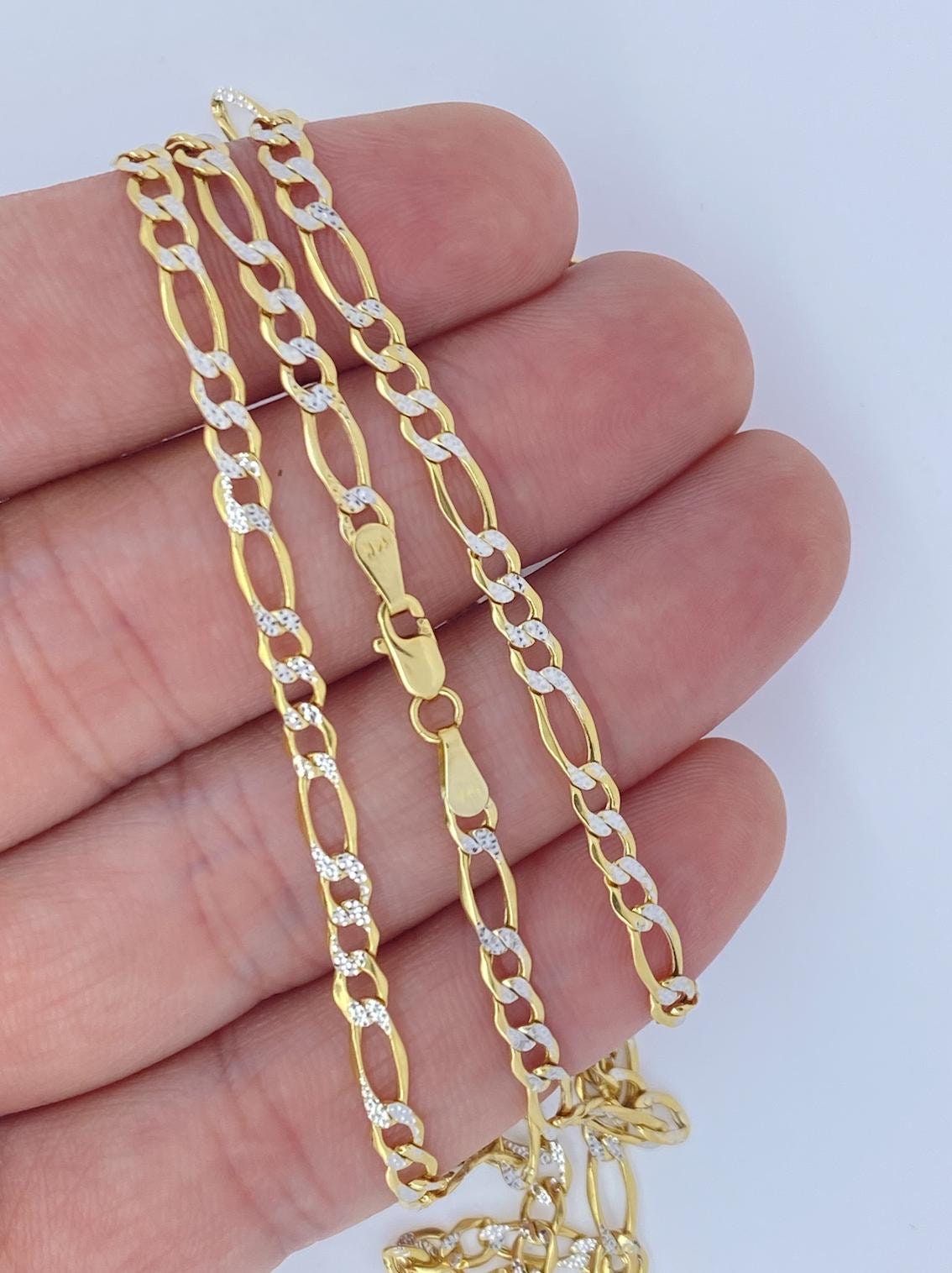 Solid 14K Gold Figaro Pave Chain Two-Tone White  and Yellow Gold, 14kt Gold Chain, Real Gold Chain, 3.5mm 4.5mm