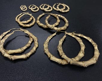 Pendientes de aro de bambú de oro macizo de 10 quilates, elegantes pendientes de aro de oro auténtico, aros ligeros para mujer, brillo deslumbrante, un regalo estupendo para ella.