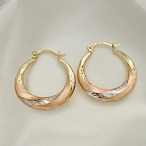 10K Gold Tri-Color Hoop Earring 2cm size, Ladies Gold Hoop Rose White Yellow, Solid 10K Gold Hoop