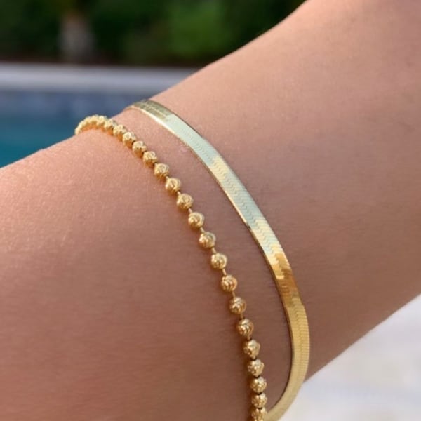Solid 14K Gold 2.5mm Herringbone Bracelet, 14kt Liquid Link Gold Bracelet, Italian Herringbone Bracelet, Trending Women Bracelets