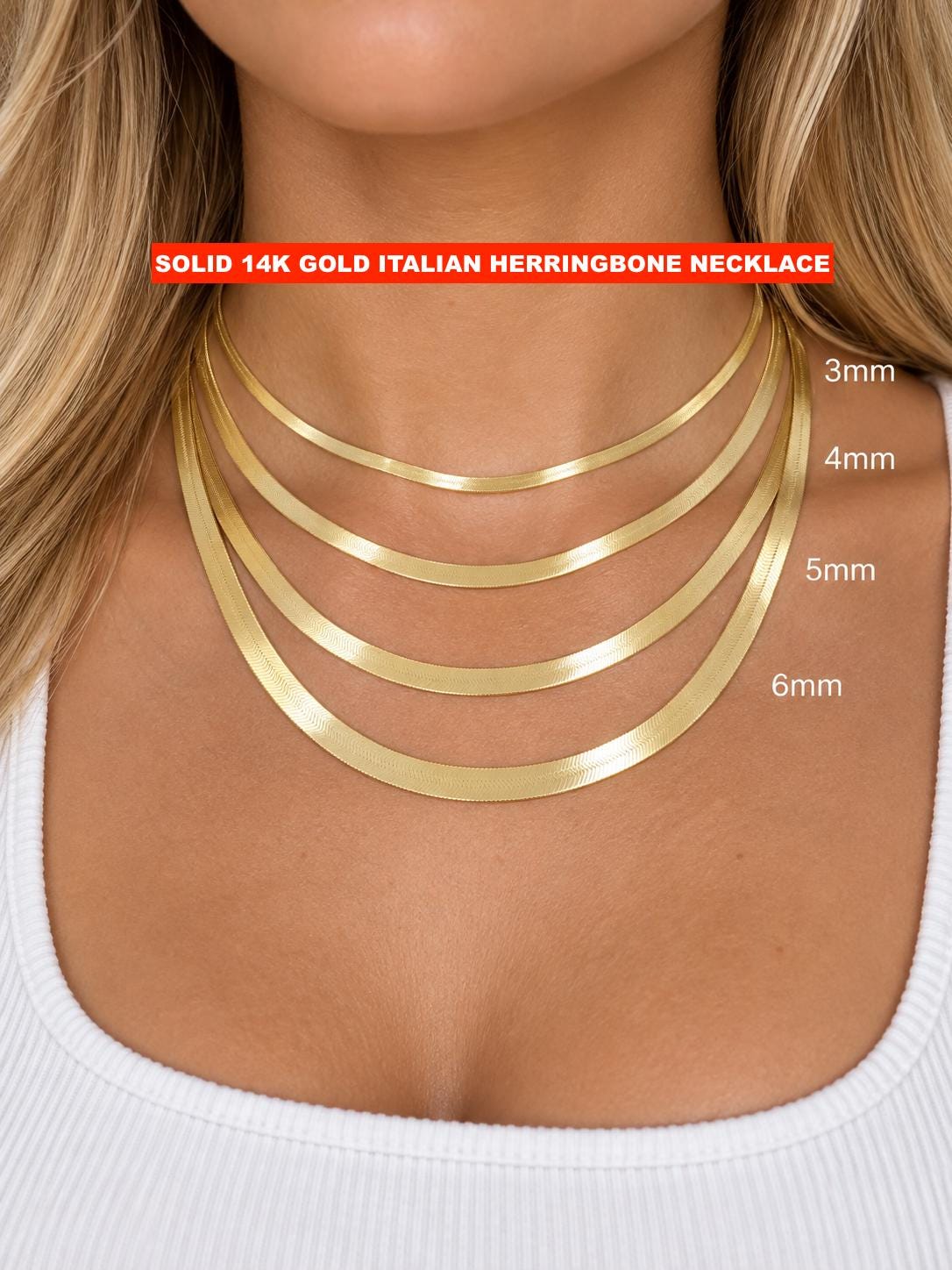 Solid 14K Gold Italian Herringbone Necklace 3mm 4mm 5mm 6mm Herringbone Chain, Solid 14K Flat Chain Choker Dainty Trending Gold Necklace