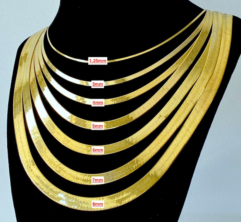 Solid 10K Gold Herringbone Chain Necklace, Ladies Flat Gold Chain 3mm, 4mm 5mm Width, Trending Gold Chain, Herringbone Liquid Link Gold 10K image 2