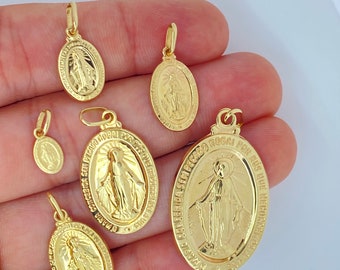 Massief 14K gouden wonderbaarlijke medaille hanger, ITALIË, 14K gouden religieuze wonderbaarlijke medaille charme, dubbelzijdige wonderbaarlijke medaille gebed hanger charme