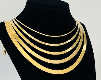 Solid 10K Gold Herringbone Chain Necklace, Ladies Flat Gold Chain 3mm, 4mm 5mm Width, Trending Gold Chain, Herringbone Liquid Link Gold 10K