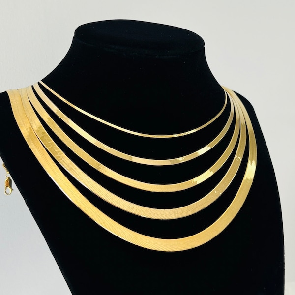Solid 10K Gold Herringbone Chain Necklace, Ladies Flat Gold Chain 3mm, 4mm 5mm Width, Trending Gold Chain, Herringbone Liquid Link Gold 10K