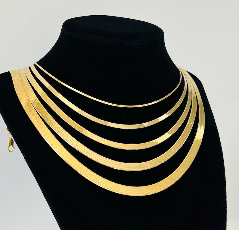 Solid 10K Gold Herringbone Chain Necklace Ladies Flat Gold Etsy