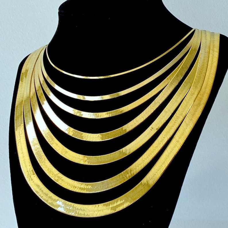 Solid 10K Gold Herringbone Chain Necklace, Ladies Flat Gold Chain 3mm, 4mm 5mm Width, Trending Gold Chain, Herringbone Liquid Link Gold 10K image 7