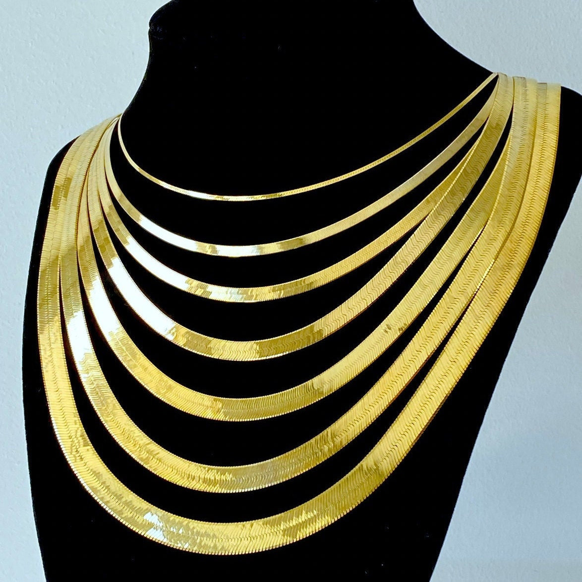 Solid 10K Gold Herringbone Chain Necklace Ladies Flat Gold Etsy