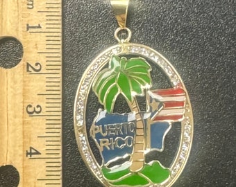 10K Solid Yellow Gold  Puerto Rico Gold Charm Pendant with Souvenir Beach Ocean Palm-tree in Enamel