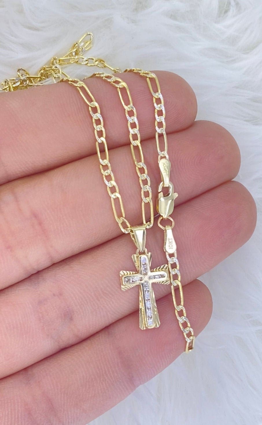 Solid 10K Gold Cross Necklace Gold Cross Pendant Real Gold Cross Necklace Cross and 10K Gold Figaro Chain