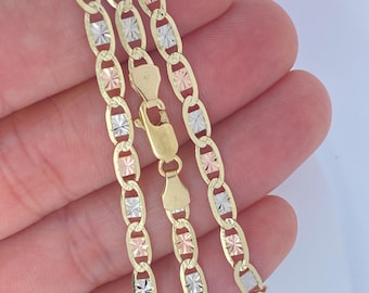 Bracciale a catena Valentino con taglio a diamante in oro tricolore massiccio 10K da 4 mm, collana in oro tricolore, catena in oro da donna, catena in oro bianco, rosa e giallo 10K