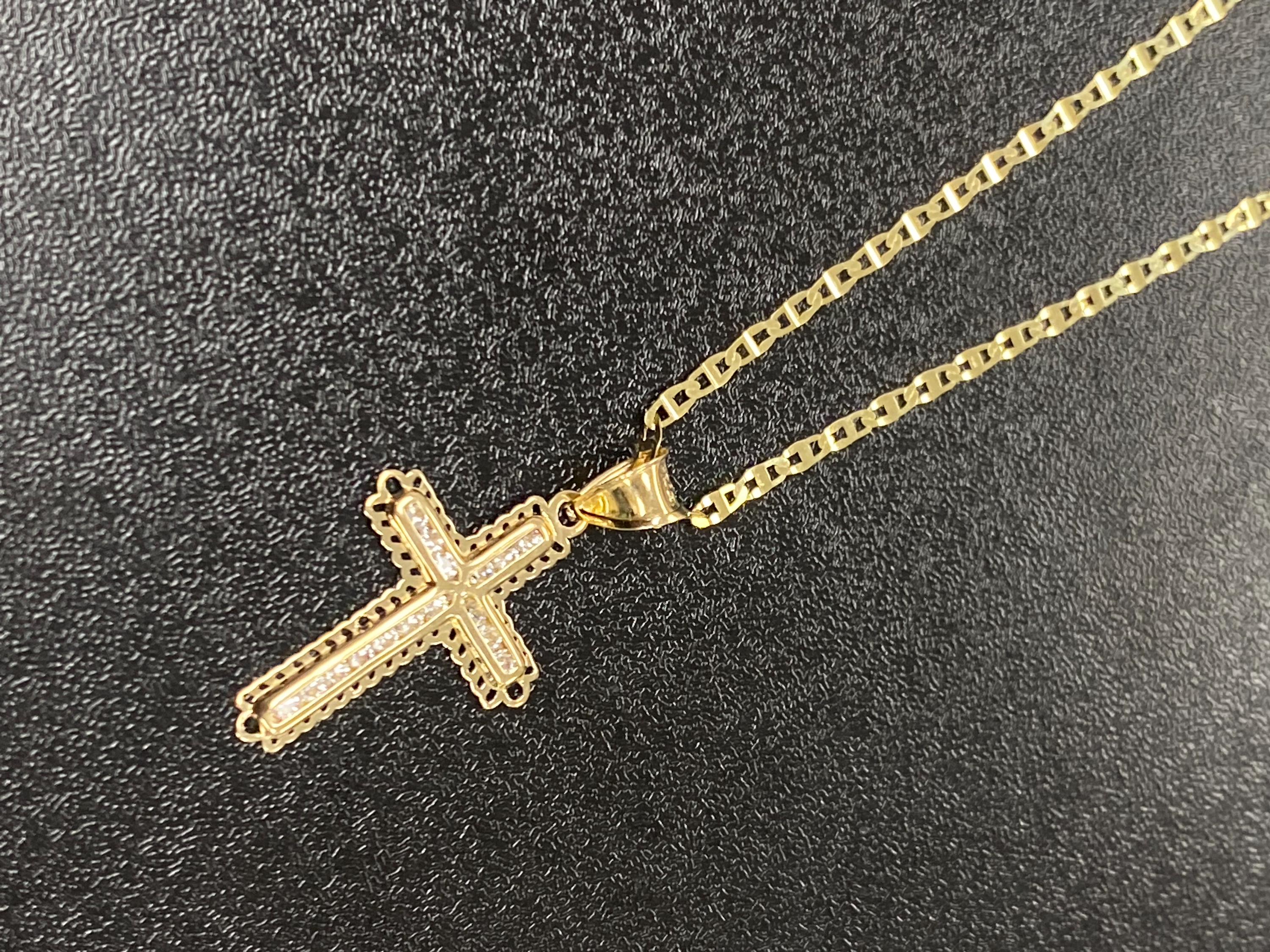 Solid 10K Gold Cross Necklace, Gold CZ Cross Pendant, Cross