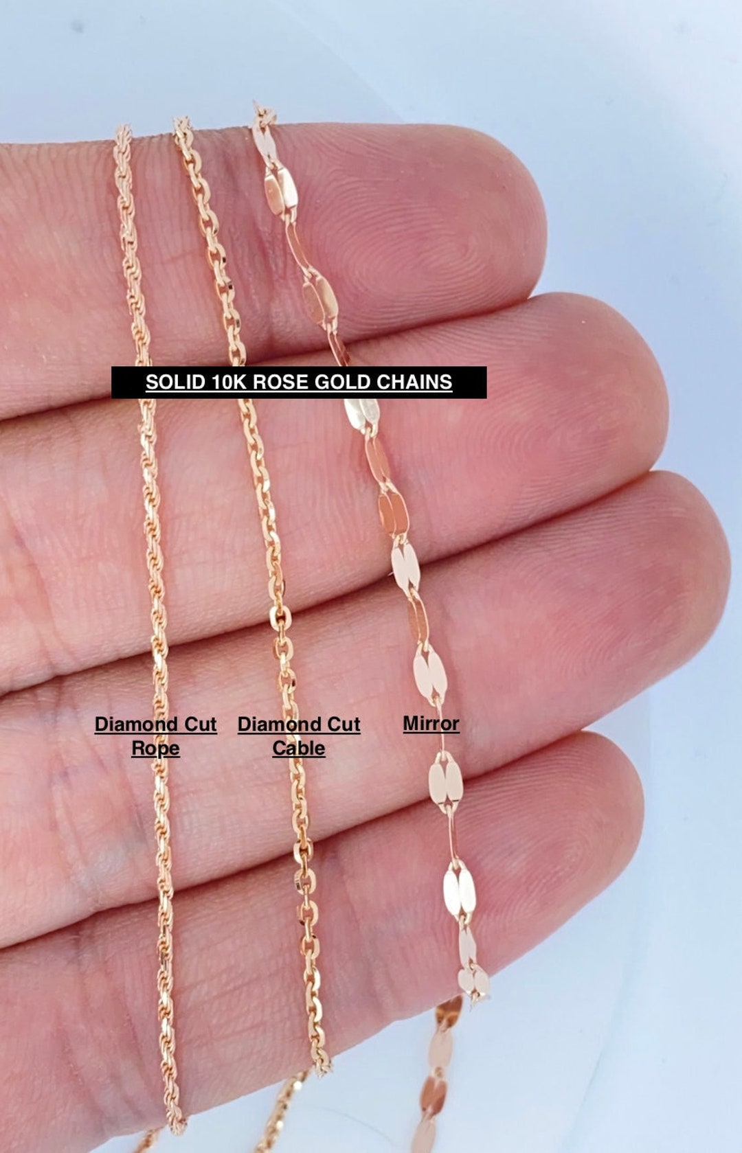 Solid 10K Rose Gold Chain, 10k Rose Gold Necklace, Ladies Rose Gold Chain,  10K Rose Gold Rope Mirror Cable Diamond Cut Chain, 