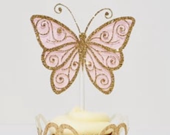Decorazioni per cupcake a forma di farfalla glitterata: decorazioni per feste color oro champagne