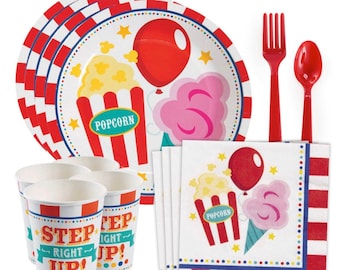 May include: Carnival party supplies set with red and white striped plates, cups, and napkins. The plates and napkins feature a cartoon illustration of popcorn, cotton candy, and a red balloon. The cups have the text "Step Right Up!" printed on them. The set includes 8 dessert plates, 16 beverage napkins, 8 9oz cups, 8 forks, and 8 spoons.