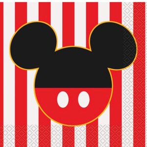 May include: Red and white striped paper napkins with a black and white Mickey Mouse head in the center. The head is outlined in gold and has two white circles on the red face.