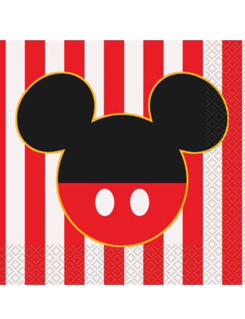 May include: Red and white striped paper napkins with a black and white Mickey Mouse head in the center. The head is outlined in gold and has two white circles on the red face.