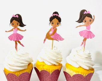 African American Ballerina Cupcake Toppers: Birthday Party Decor (Set of 6)
