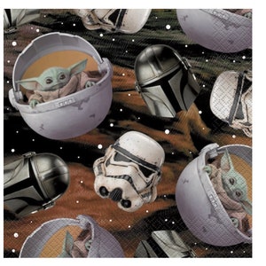 May include: A black and brown patterned fabric with images of Star Wars characters, including a Stormtrooper, Mandalorian, and the Child, also known as Baby Yoda, in a floating pod.