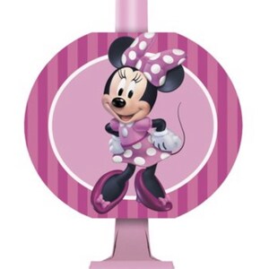 Puede incluir: Favor de fiesta de Minnie Mouse rosa y blanco con fondo a rayas rosa y blanco. El favor tiene forma de c&iacute;rculo con un asa rosa.